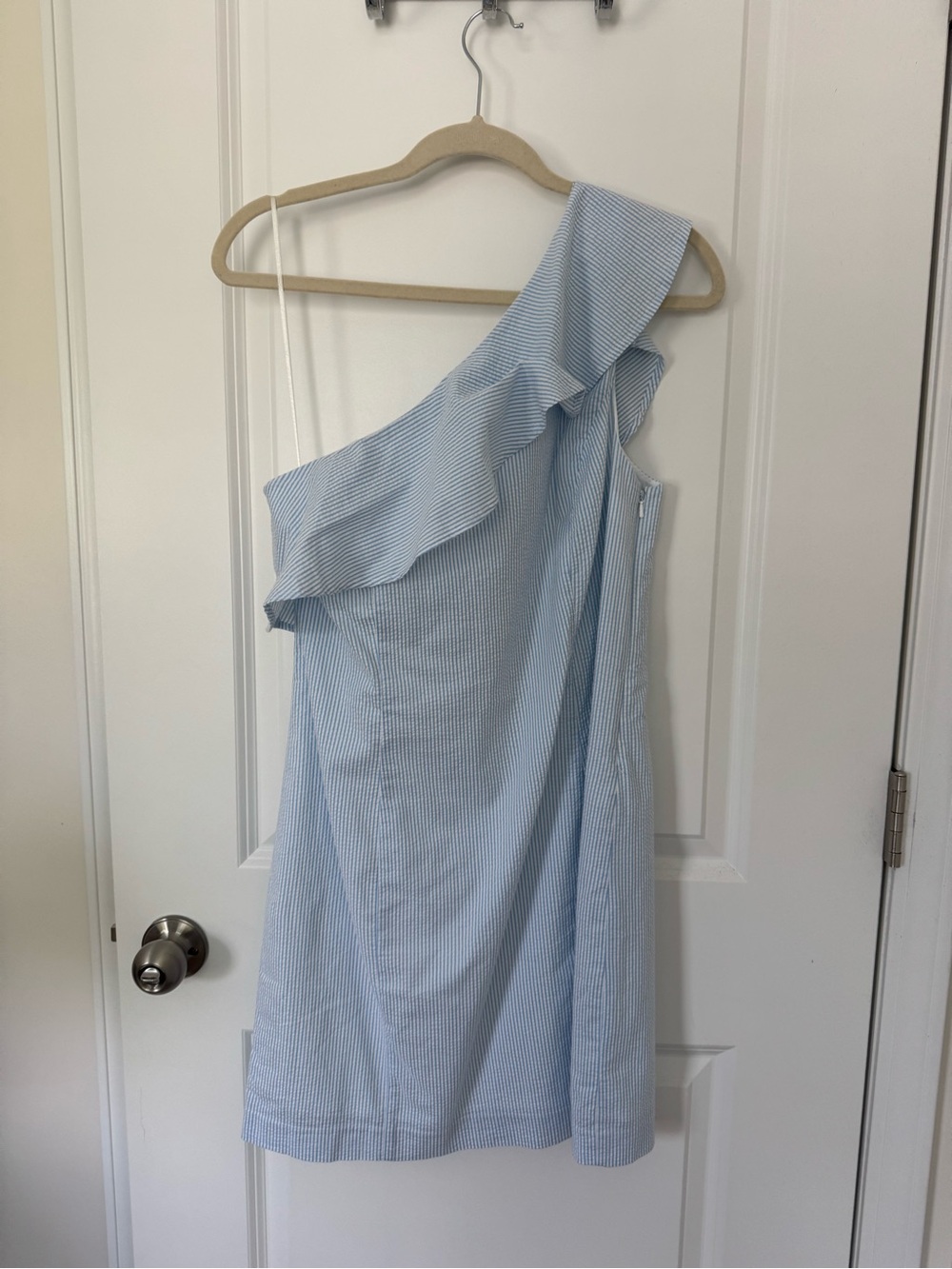 Southern Tide One-Shoulder Ruffle Dress in Light Blue Stripe
